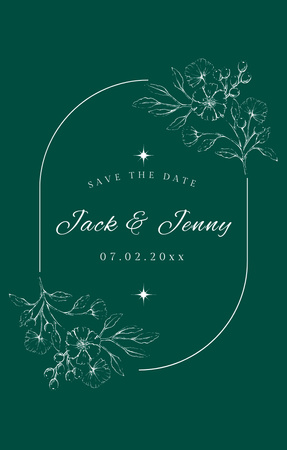 Wedding Announcement with Flowers Illustration in Green Invitation 4.6x7.2in Design Template