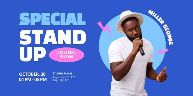 Designvorlage Special Stand-up with African American Comedian in Hat für Twitter