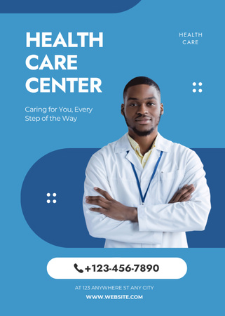 Template di design Offerta di servizi dal centro medico con medico afroamericano Flayer