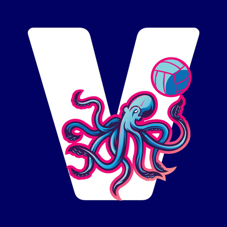 Ontwerpsjabloon van Logo van volleybal club embleem met octopus holding ball