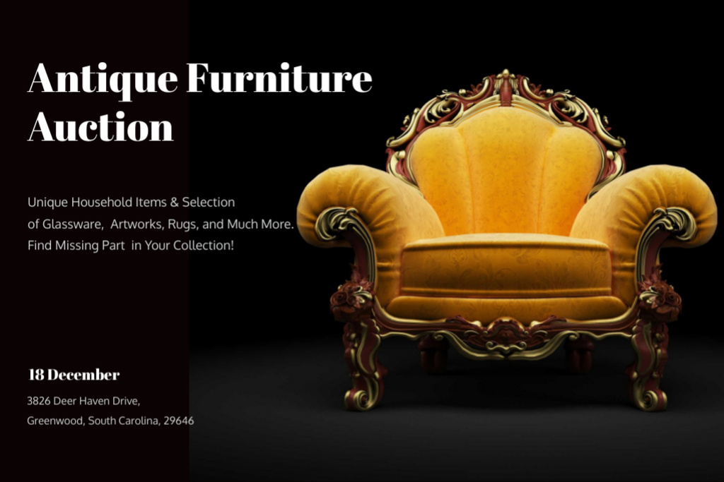 Designvorlage Antique Furniture auction with Vintage Armchair für Gift Certificate