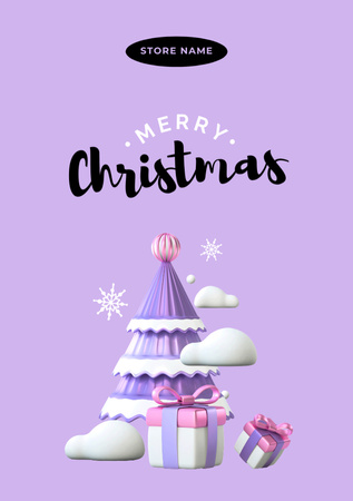 Ontwerpsjabloon van Postcard A5 Vertical van Christmas Cheers met boom en cadeautjes in violet