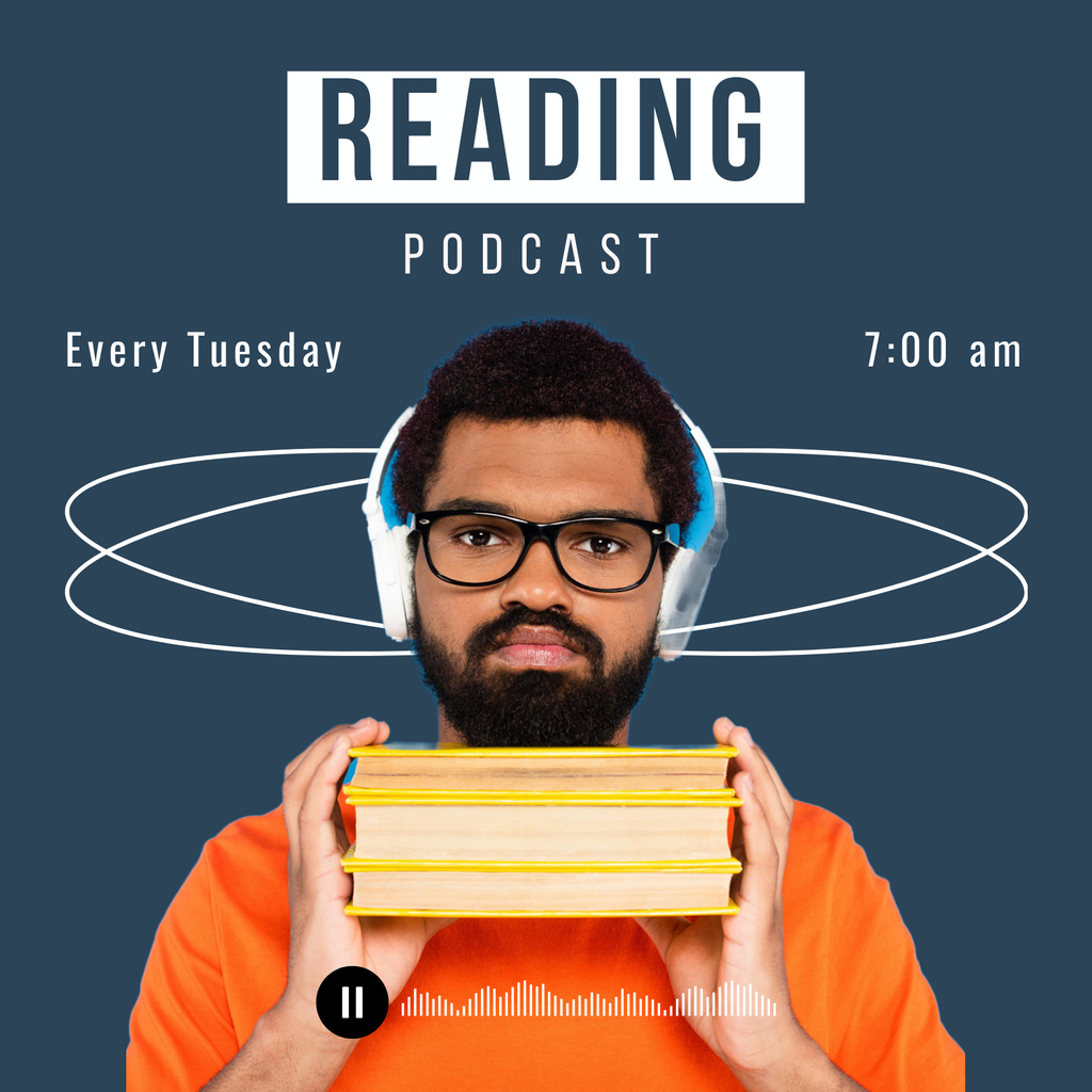 Plantilla de diseño de Reading Podcast Cover with Man Holding Books Podcast Cover 