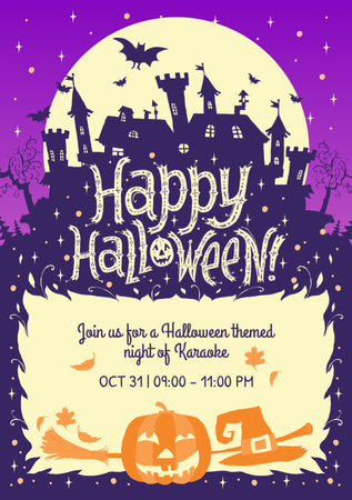 Halloween Karaoke Night Announcement with Scary House Flyer A7 Design Template