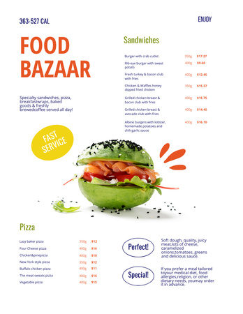 Food Menu Announcement with Green Burger with Tomatoes Menu 8.5x11in Design Template