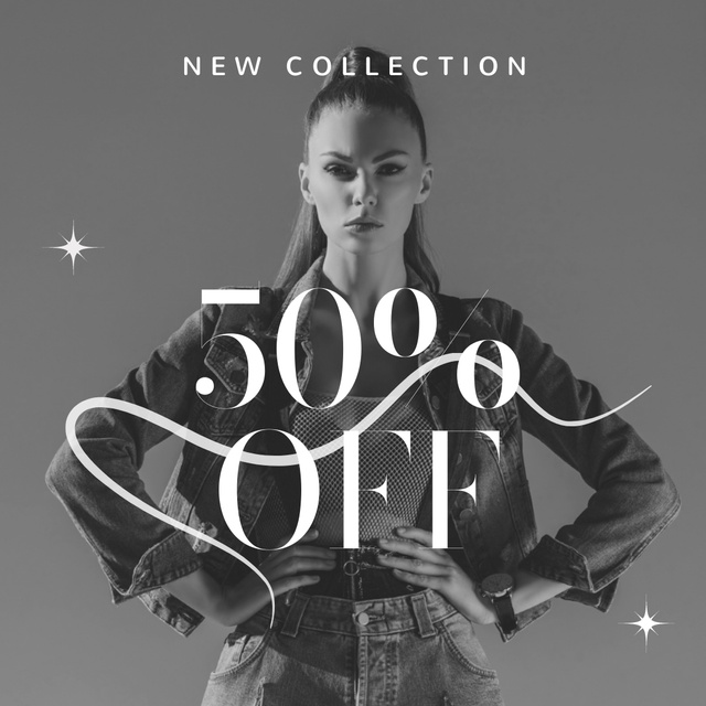 Fashion Ad with Woman in Stylish Outfit and Offer of Discount Instagram Design Template
