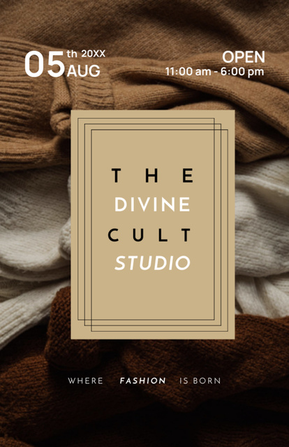 Plantilla de diseño de Fashion Studio Opening With Stylish Sweaters Invitation 5.5x8.5in 