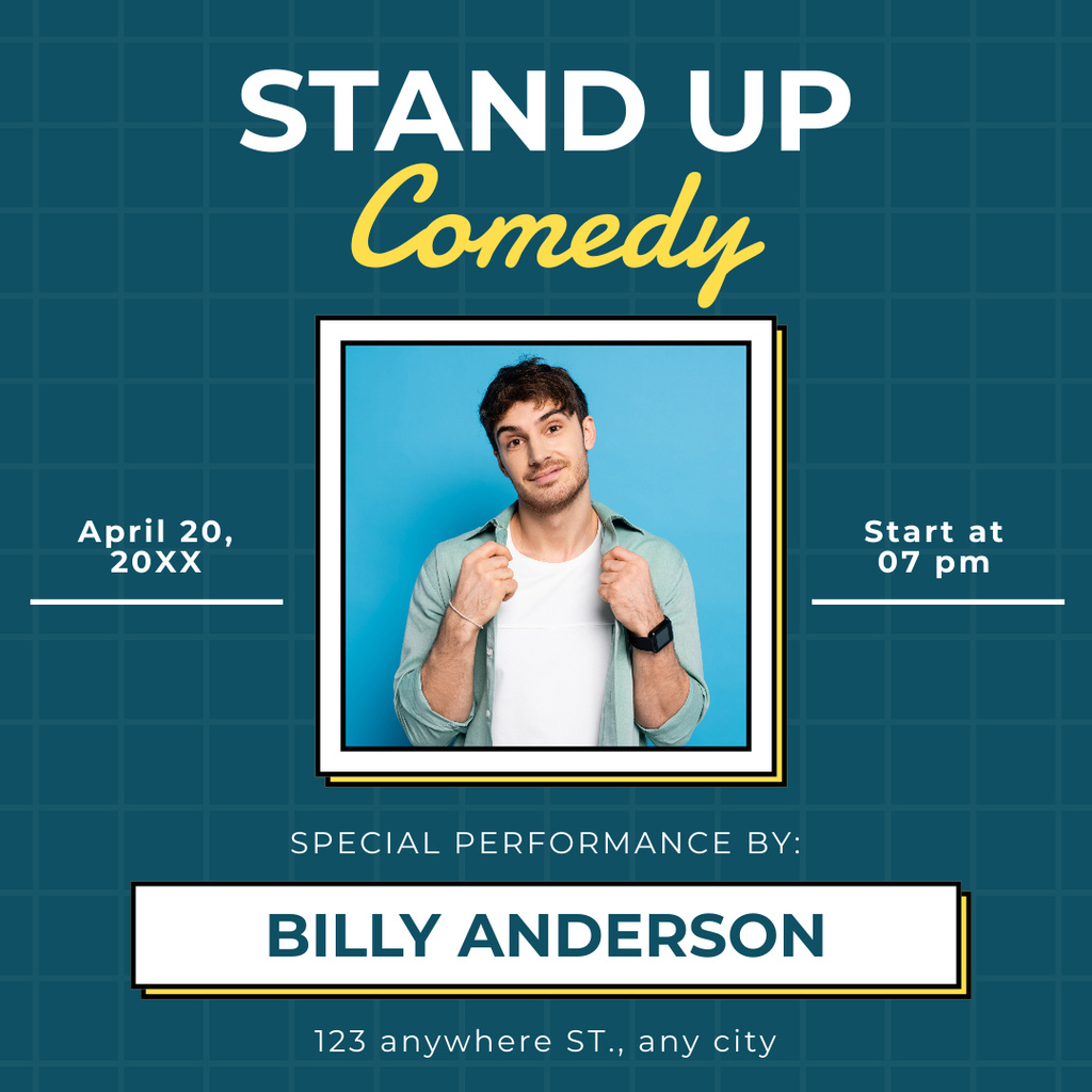 Comedy Show Announcement with Man in Blue Shirt Instagram Πρότυπο σχεδίασης