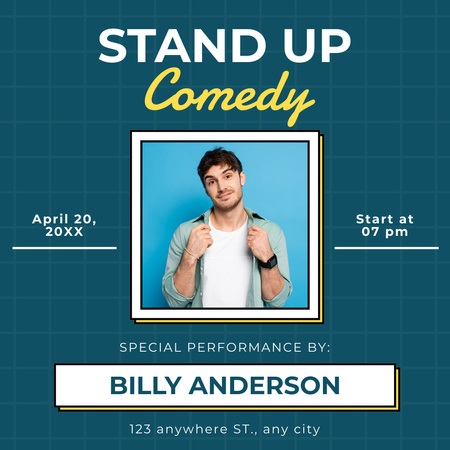 Designvorlage Ankündigung einer Comedy-Show mit Mann im blauen Hemd für Instagram