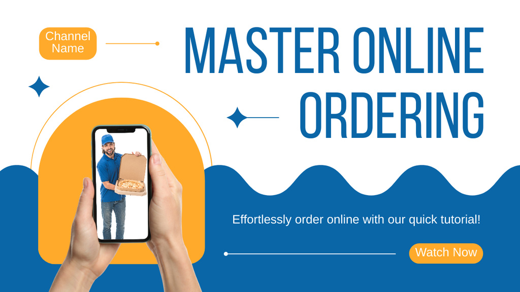 Online Food Ordering Ad with Courier on Screen Youtube Thumbnail Design Template