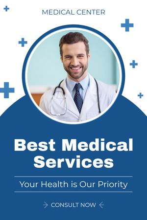 Best Medical Services with Smiling Doctor Pinterest Design Template