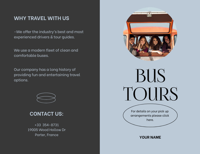 Lovely Bus Travel Tours Offer With Description Brochure 8.5x11in Bi-fold Design Template