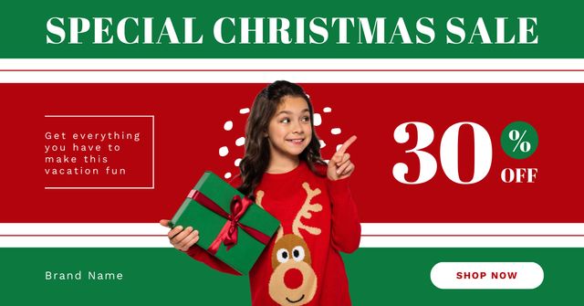 Christmas Discount of Gifts for Kids Red and Green Facebook ADデザインテンプレート