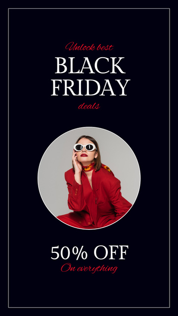 Black Friday Sale with Woman in Stunning Red Outfit Instagram Video Story Modelo de Design