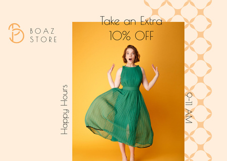 Clothes Shop Offer with Woman in Green Dress Flyer A6 Horizontal Design Template