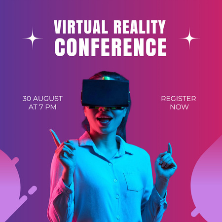 Designvorlage Virtual-Reality-Konferenzwerbung mit Frau in VR-Brille für Instagram