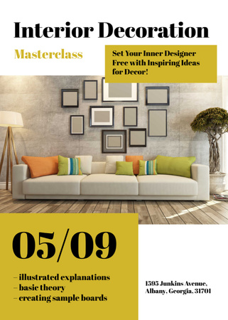 Ontwerpsjabloon van Flayer van Interior decoration masterclass with Sofa in room