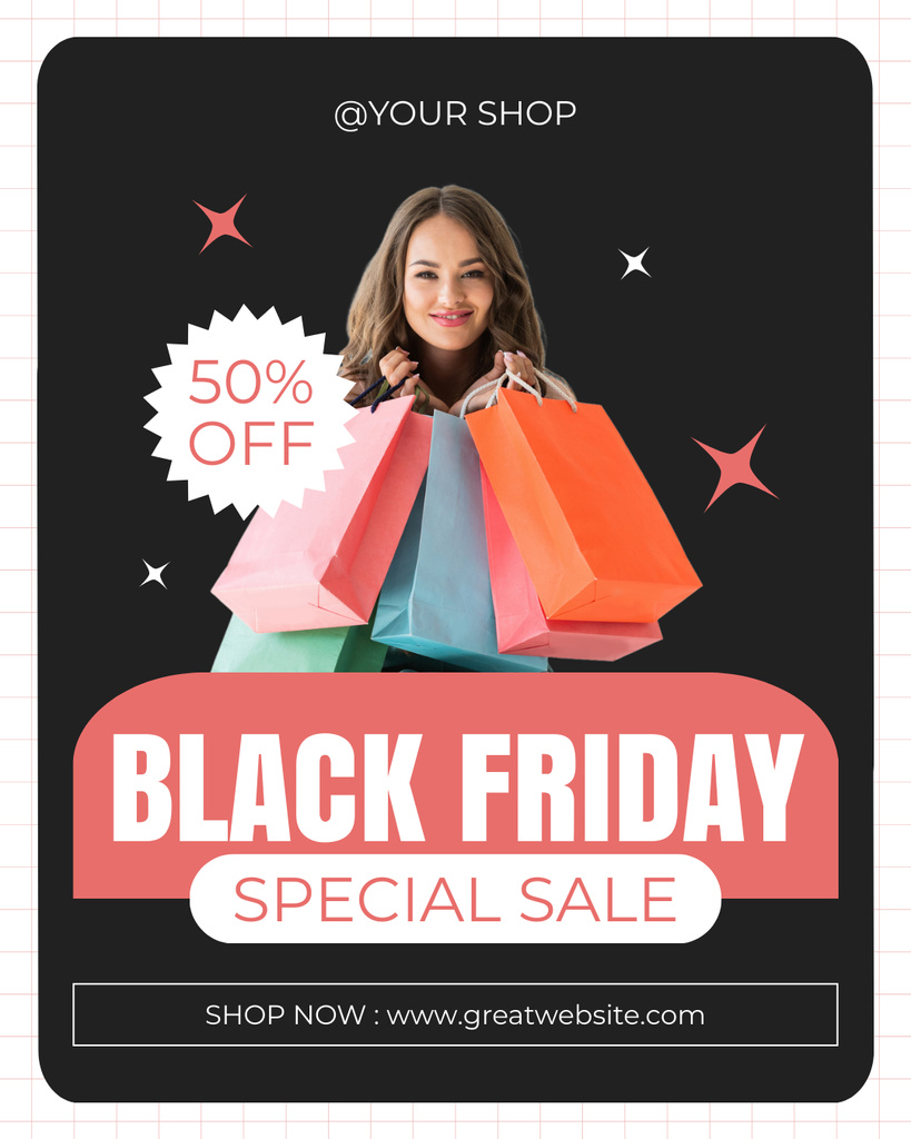 Black Friday Special Sale with Shopping Bags in Hands Instagram Post Vertical Πρότυπο σχεδίασης