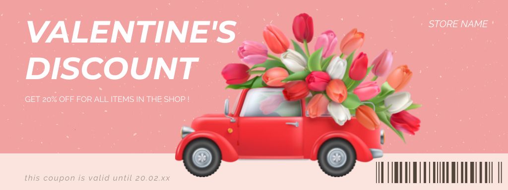 Valentine's Day Discount Offer with Retro Car and Flowers Coupon Šablona návrhu