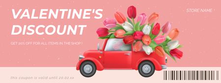 Valentine's Day Discount Offer with Retro Car and Flowers Coupon Design Template