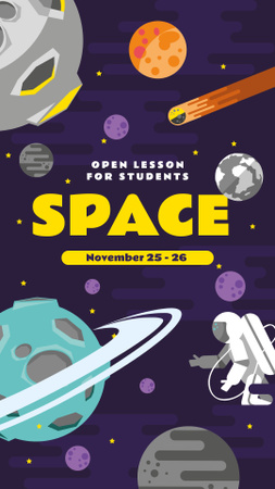 Space Lesson Announcement with Astronaut among Planets Instagram Story tervezősablon