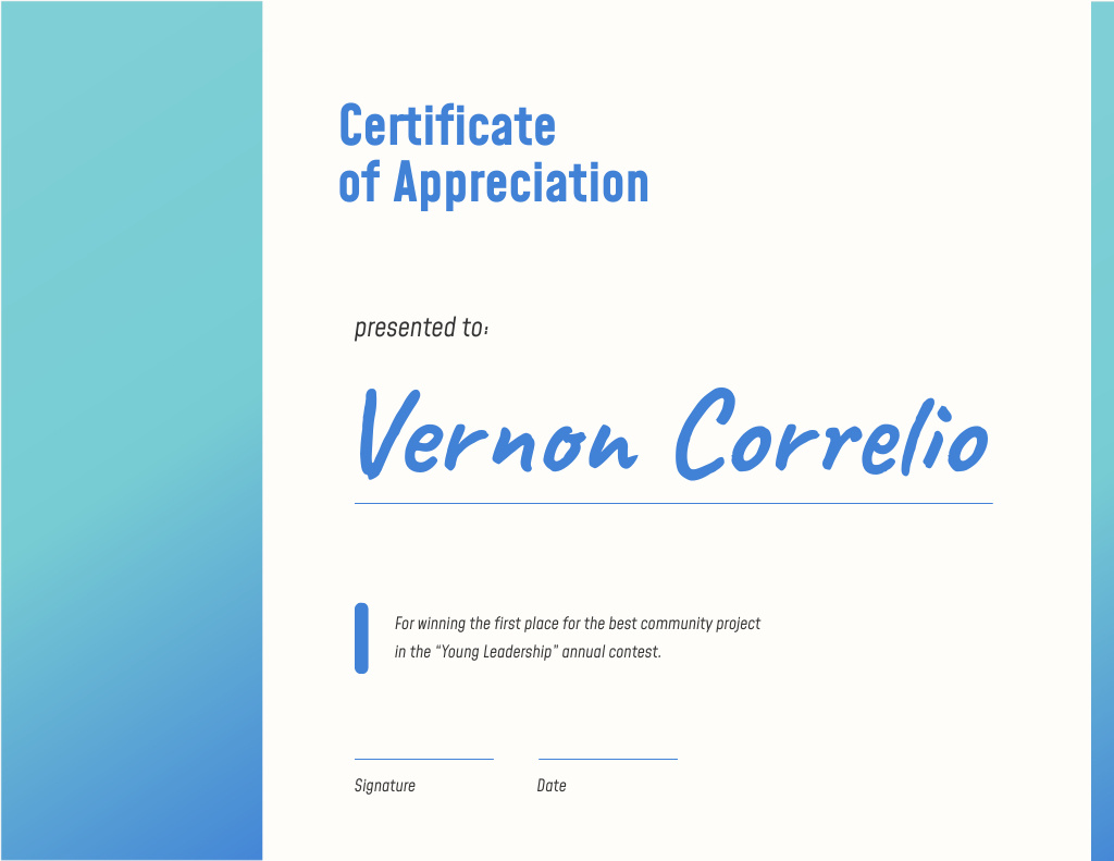 Leadership Contest Appreciation award in blue Certificate Design Template