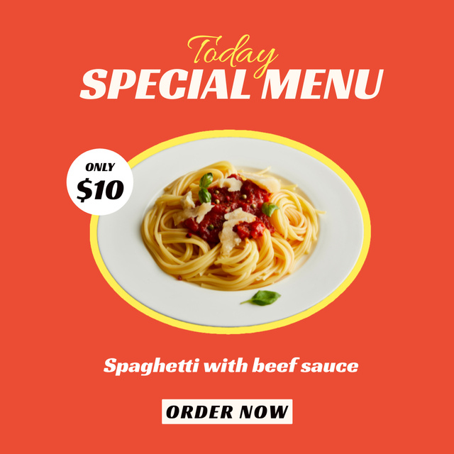 Special Menu Offer with Spaghetti and Beef Sauce Instagram Tasarım Şablonu