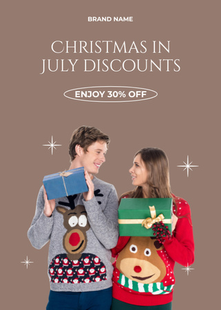 July Christmas Discount Announcement with Young Couple Flayer Design Template