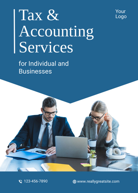Special Offer of Tax and Accounting Services with Man and Woman Flayerデザインテンプレート