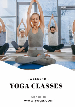 Yoga Class Ad with Meditating People Poster Modelo de Design