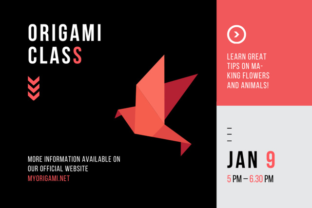Designvorlage Origami Classes with Simple Bird on Black für Flyer 4x6in Horizontal