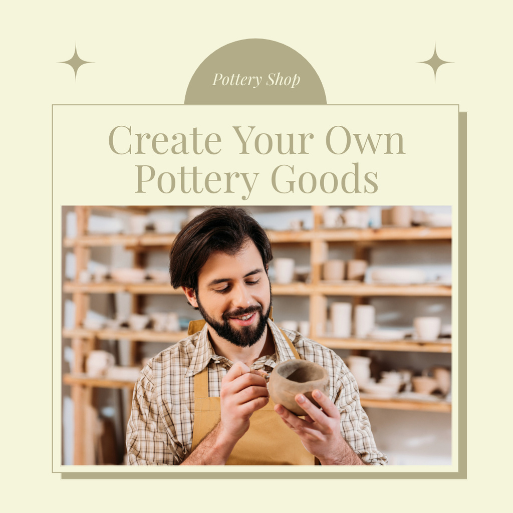 Handmade Pottery Shop Ad with Man Creating Pottery Instagramデザインテンプレート