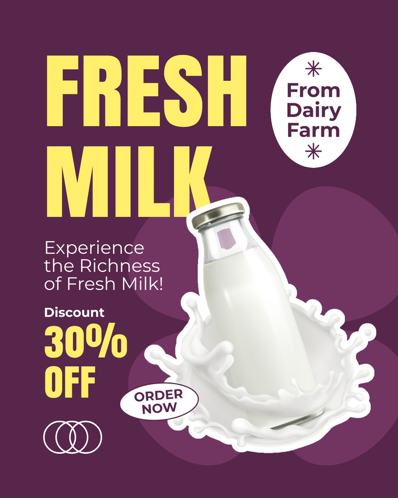 Designvorlage Alert of Fresh Milk from Farm on Purple für Instagram Post Vertical