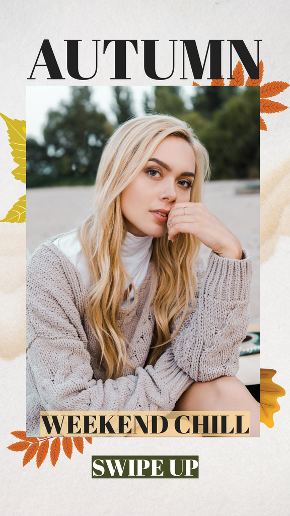 Ontwerpsjabloon van Instagram Story van Autumn Offer with Woman in Cozy Knitted Sweater