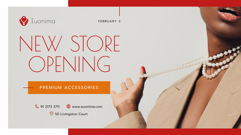 Store Opening announcement Woman in Suit FB event cover tervezősablon