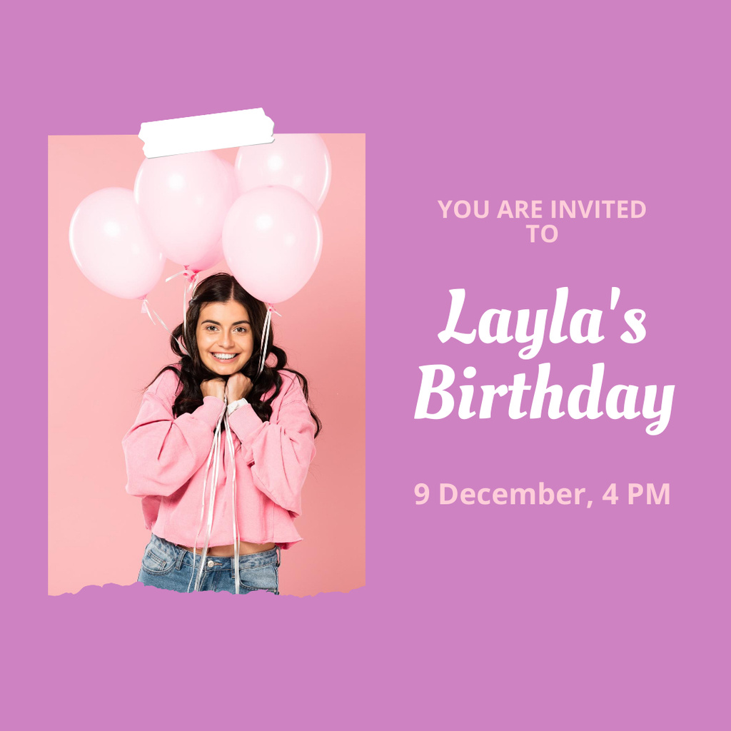Designvorlage Birthday Invitation with Girl and Balloons für Instagram