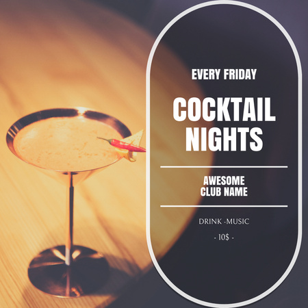 Modèle de visuel Annonce concernant la soirée cocktails avec musique au club - Instagram
