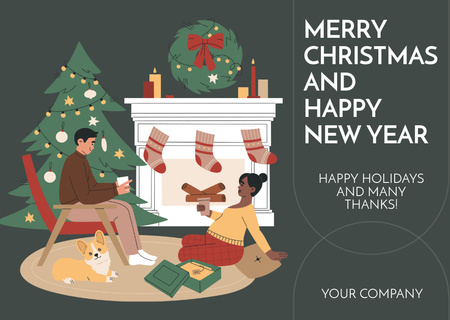 Christmas and New Year Greetings with Fine Illustration of Family Postcard Design Template