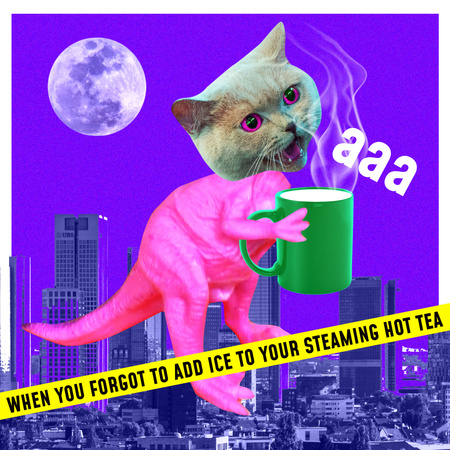 Template di design illustrazione divertente con dinosauro con testa di gatto Instagram