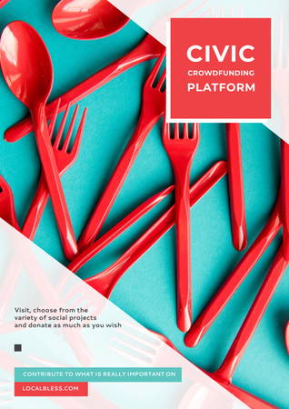 Crowdfunding Platform with Red Plastic Tableware Poster Modelo de Design