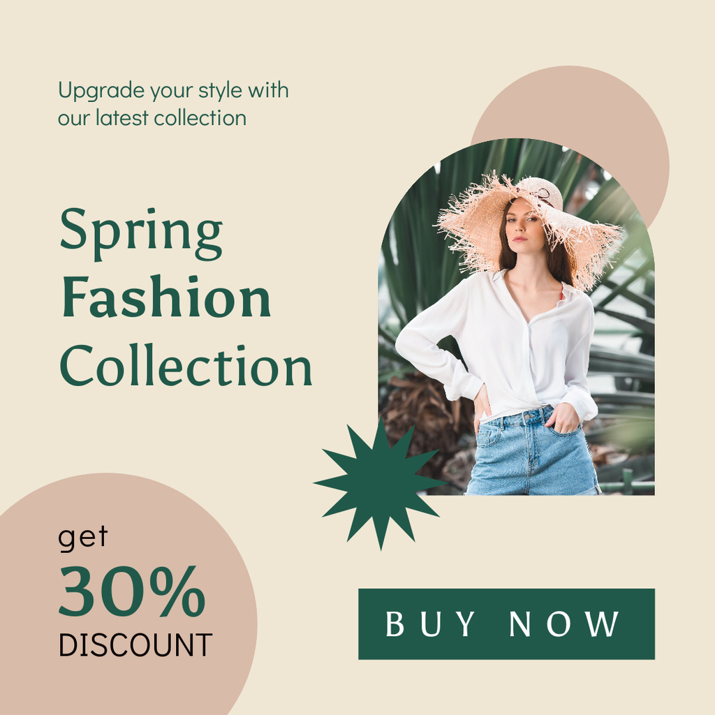 Spring Fashion Collection Announcement with Woman in Straw Hat Instagram Šablona návrhu