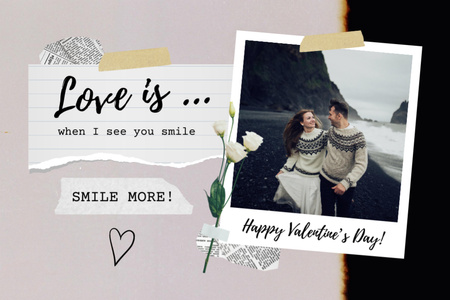 Platilla de diseño Valentine's Phrase about Love with Couple Walking on Coastline Postcard 4x6in