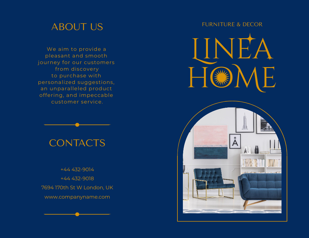 Ontwerpsjabloon van Brochure 8.5x11in Bi-fold van Room Interior with Stylish Blue Sofa