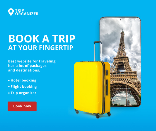 Travel Offer with Suitcase and Eiffel Tower Facebook Modelo de Design