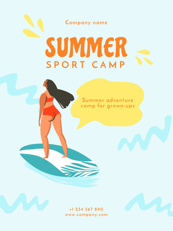 Anúncio de acampamento esportivo de verão com mulher andando de prancha de surf Poster US Modelo de Design