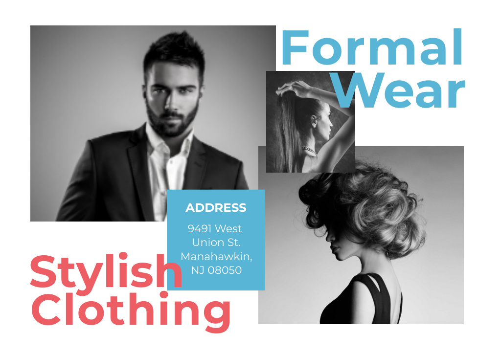 Plantilla de diseño de Formal Wear Offer with Stylish People Postcard 