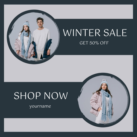 Winter Sale Announcement with Couple in Warm Clothes Instagram Design Template
