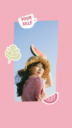 Cute Girl in Straw Hat holding Watermelon Instagram Video Story tervezősablon