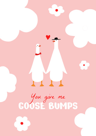 Love Phrase With Cute Gooses Couple Postcard A6 Vertical Design Template