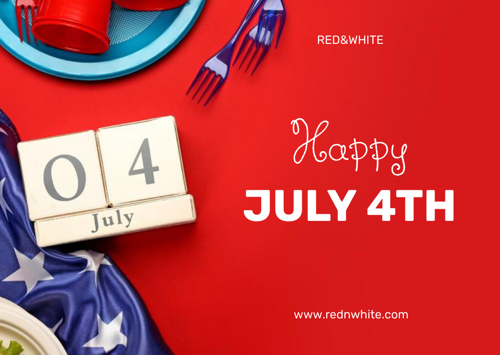 USA Independence Day Celebration Announcement with Flag on Red Postcard – шаблон для дизайну